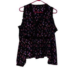 Derek Heart Cut Out Shoulder Embroidered Trim Long Sleeve Blouse